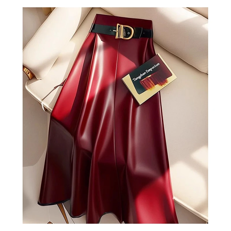 High end goddess style high-end red PU skirt for women 2024 new Leather midi skirt, mid length umbrella skirt 80 S491d485feda145febc3bb658de7e4b81Y