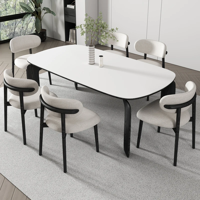

Черный Ретро обеденный стол из массива дерева, прямоугольный современный простой стиль, матовый чистый белый камень, тарелка из ясеня
