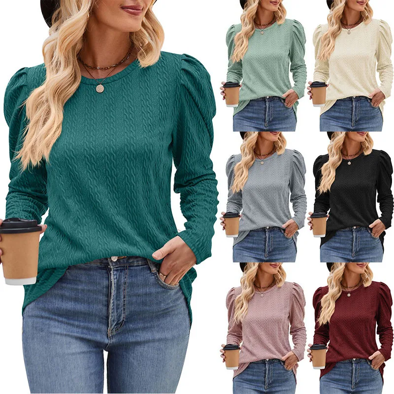 

2023 New Autumn Fashion Casual Round Neck Solid Color Knitted Jacquard Commuter Women Bubble Sleeve Fried Dough Twists T-shirt