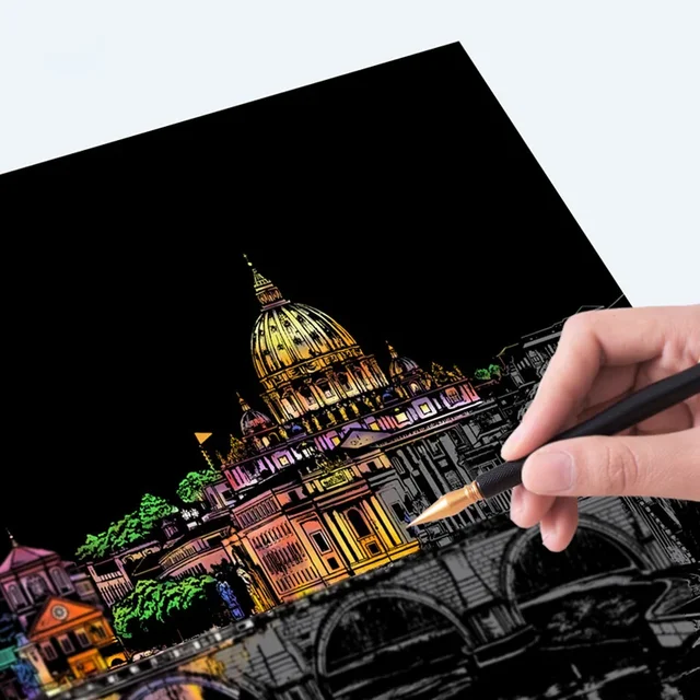 Papier à gratter magique pour adultes, scène de nuit de ville, clip art, montgolfière, tour Eiffel, jouet d'instituts souligné, cadeau créatif, 4 pièces 1