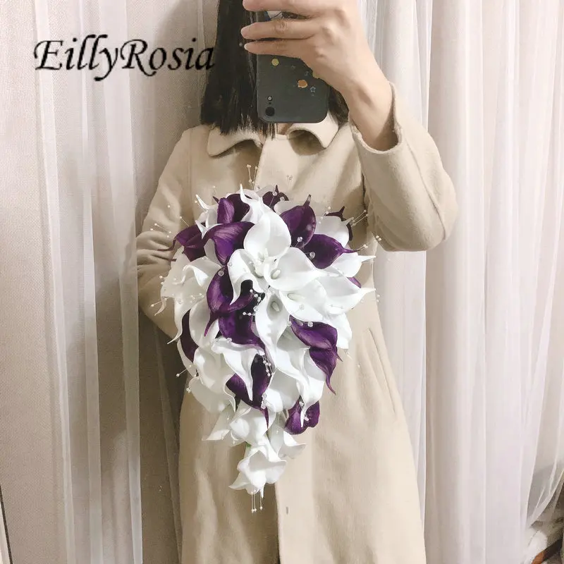 

EillyRosia White Purple Calla Lily Cascade Bridal Bouquet with Rhinestones Pearls Elegant Teardrop Wedding Flowers for Bride