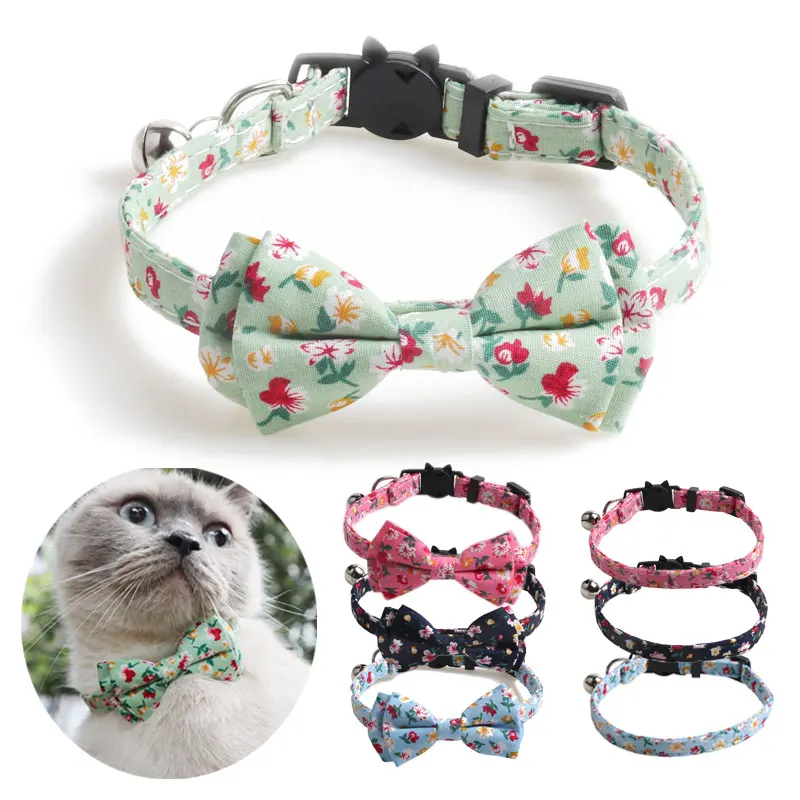 

Floral Small Cat Collar Safety Breakaway With Bell Buckle Pet Collars Flower Cute Dog Goats Collier Chain Bowknot Adjustable