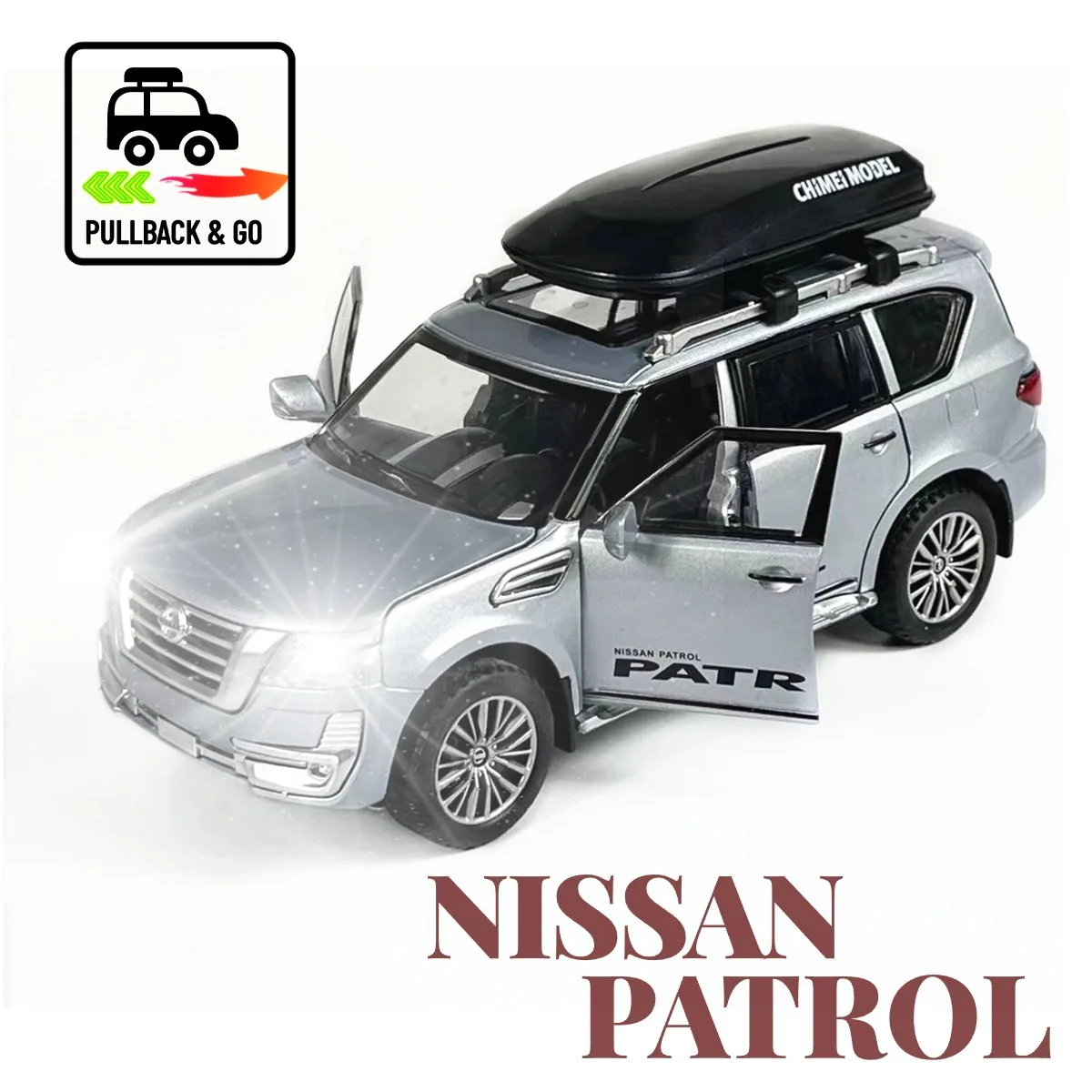 1:32 Nissan Patrol Pullback Car Toy with Lights Engine Sound, Metal Diecast Off Road Car Model Scale Replica Gift Kid Boy Toy
1:32 Nissan Patrol Pullback Car Toy with Lights Engine Sound, Metal Diecast Off Road Car Model Scale Replica Gift Kid Boy Toy