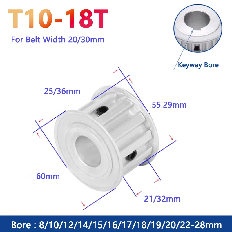 

1 шт., зубчатый шкив 18 зубьев T10, 18 T, алюминиевое синхронное колесо для ремня шириной 20/30 мм, отверстие 8 10 12 14 16 17 18 19 20 22-28 мм