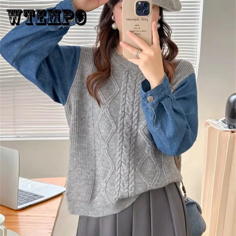 Round Neck Spliced Denim Long Sleeve Sweater for Women in Autumn and Winter 2023 Versatile Fashion Loose Fit Pullover Knitwear
Round Neck Spliced Denim Long Sleeve Sweater for Women in Autumn and Winter 2023 Versatile Fashion Loose Fit Pullover Knitwear