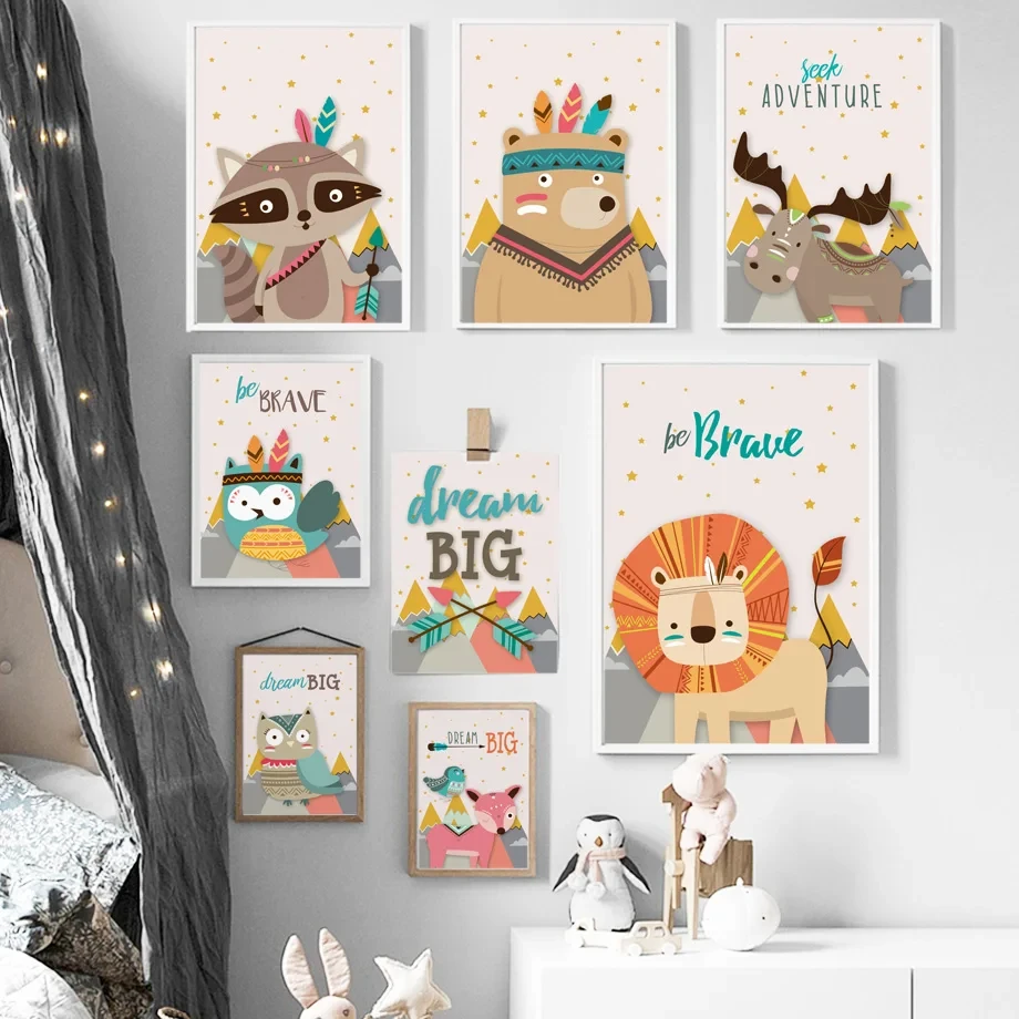 

Kawaii Animals Fox Lion Deer Owl Bear Canvas Painting Wall Art Nordic Posters And Prints Nursery Wall Pictures Kids Room Decor