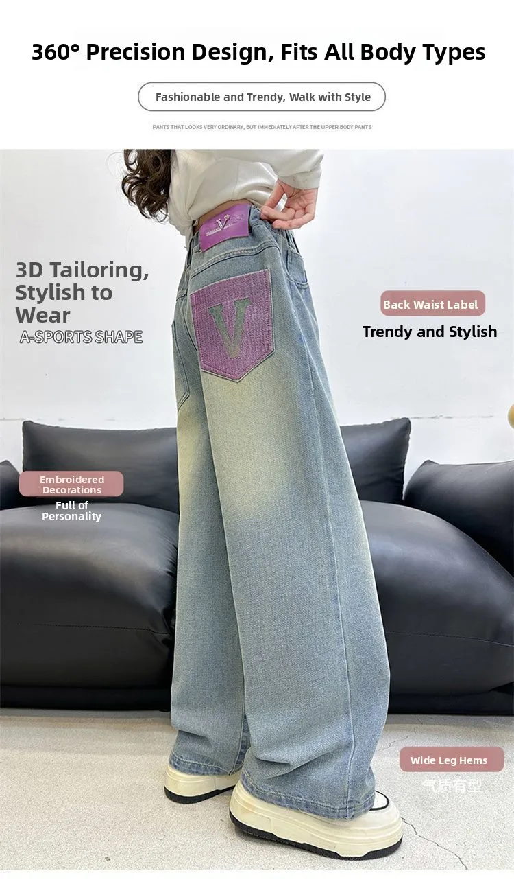 بنطلون جينز واسع الساق للفتيات بخصر مرتفع وطويل، ملابس أطفال عصرية متعددة الاستخدامات لفصل الخريف من ماركة يو بيجيا مع حزام مطرز بنطلون جينز واسع الساق للفتيات بخصر مرتفع وطويل، ملابس أطفال عصرية متعددة الاستخدامات لفصل الخريف من ماركة يو بيجيا مع حزام مطرز