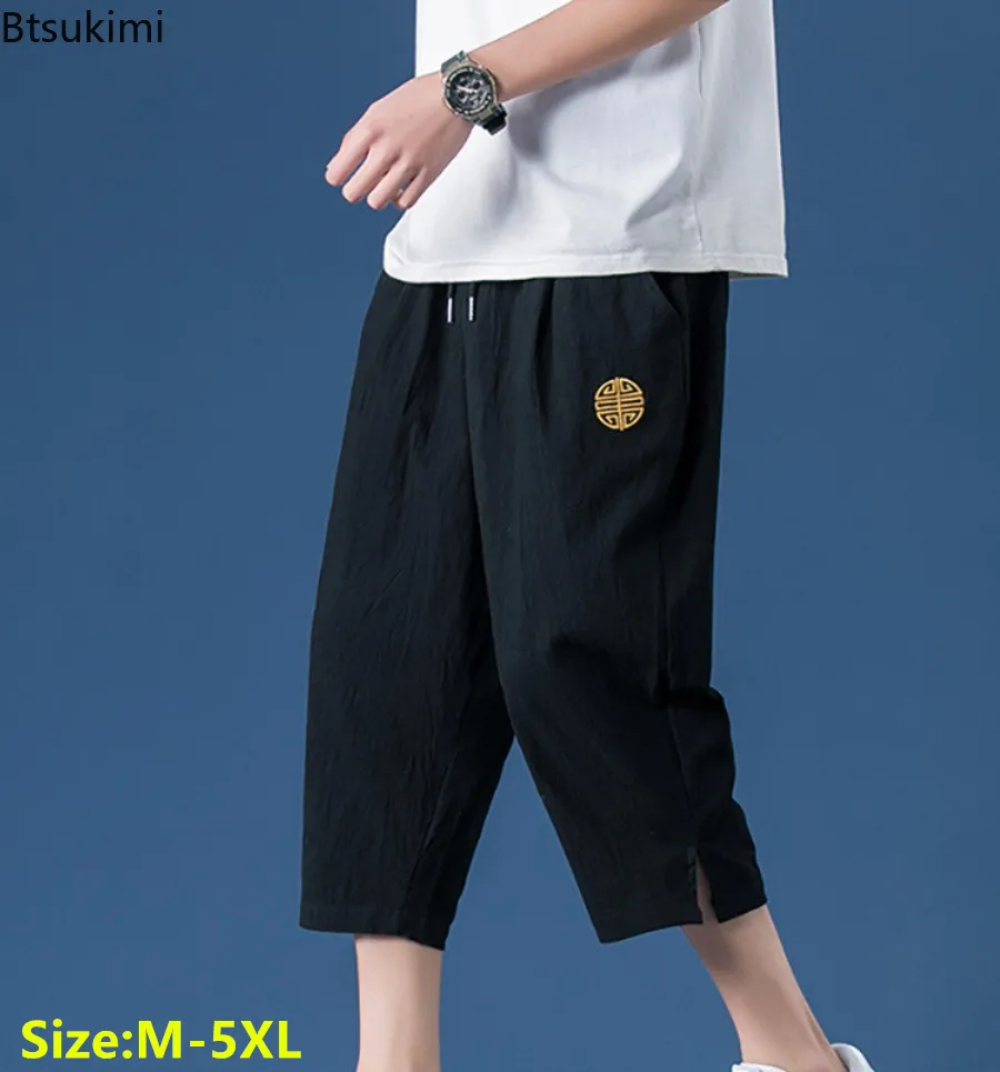 

Summer Vintage Men's Cropped Wide-leg Pants Chinese Style Solid Casual Cotton Linen Shorts Men Loose Straight Trouser Sweatpants