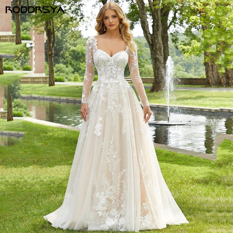 

Lace Sweetheart Wedding Dress Long Sleeves Bridal Gowns Backless Appliques Sweep Train Vestidos De Noiva Mariage Beach