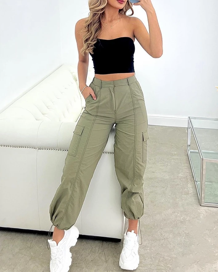 

Women Commuter Trousers 2024 Spring/summer Latest Casual Solid Color Daily Versatile Pocket Design Drawstring Cuffed Cargo Pants