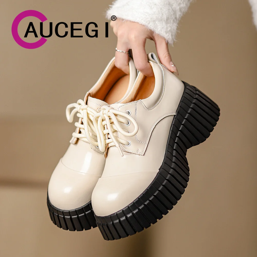 

Aucegi Women Loafers Quality Leather Platform Thick Heels Pumps Black Beige Spring Fashion Lace Up Round Toe New Trend Footwear