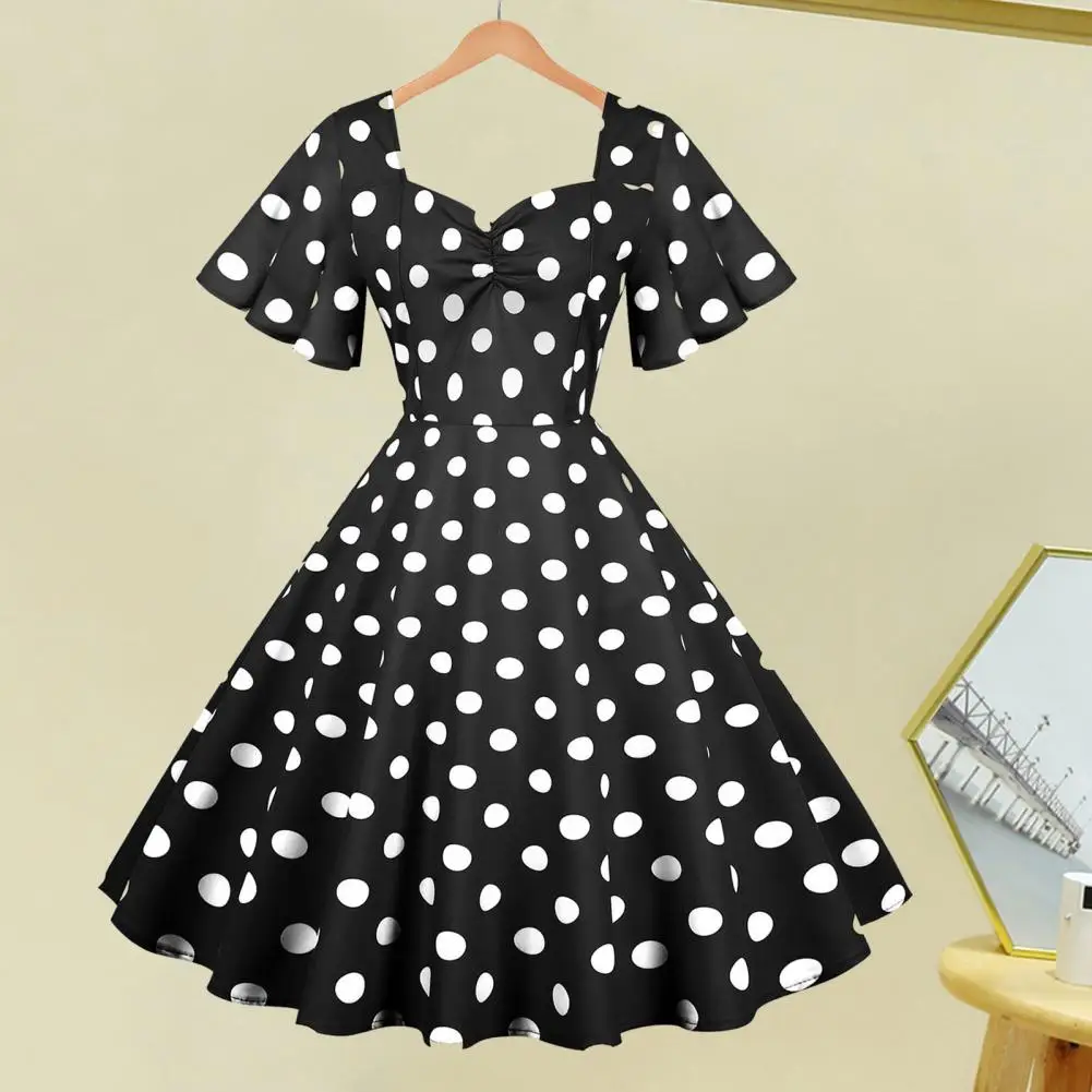 

Women Midi Dress Elegant Retro A-line Evening Dress with V Neck Ruffle Sleeves Women's Vintage Polka Dot Print Midi Party Prom