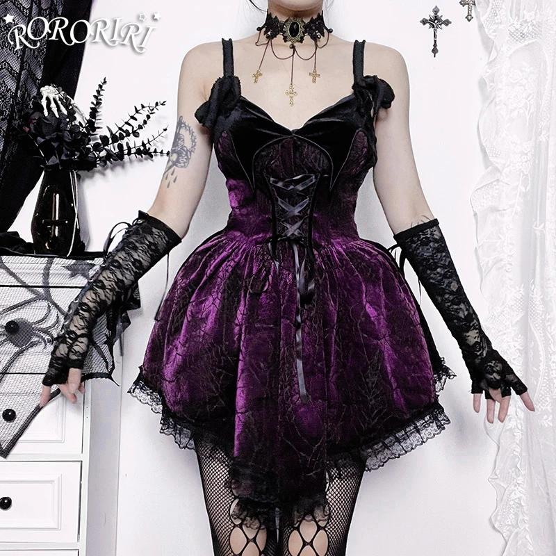 

RORORIRI Gothic Spider Web Lace Mini Dress Women Purple Sleeveless V-neck Strappy Cami Dress Medieval Retro Princess One-piece