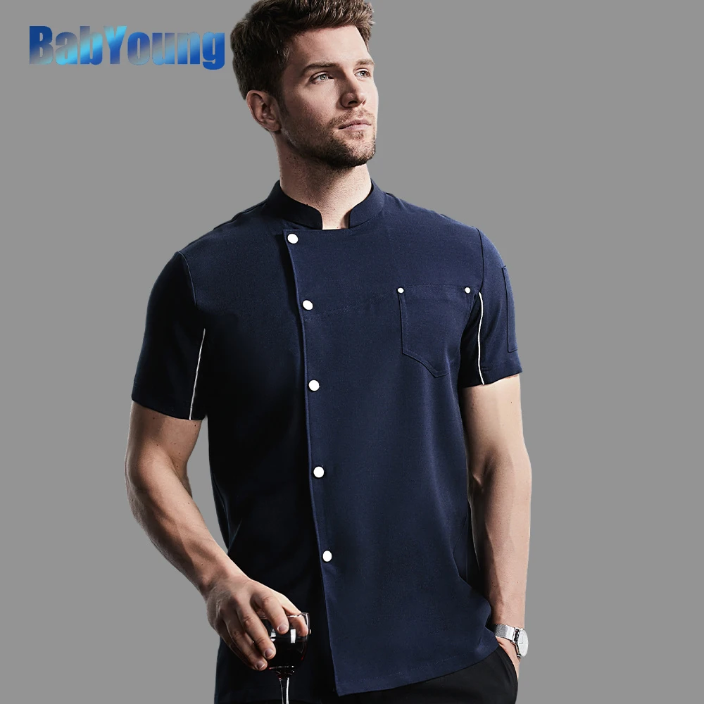 

Men Blue Cooking Clothes Fashion Cook Clothes Chef Jacket Restaurant Hotel Kitchen Chef Coat Uniform Catering Work Shirts M-4XL