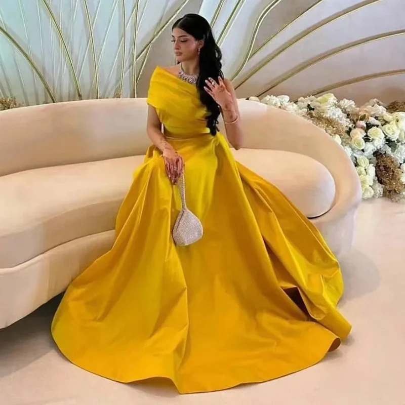 

Yellow One Shoulder Ruffles Evening Dresses A-line Floor-Length Court Party Prom Gowns Saudi Arab for Women فساتين سهره