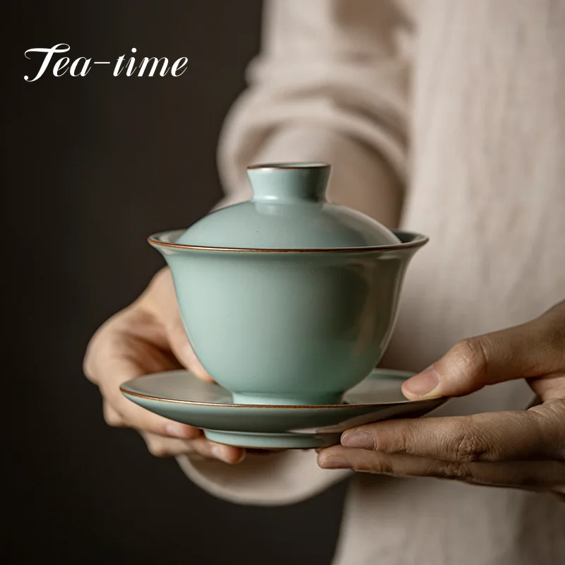 

180ml Boutique Ice Cracked Ru Kiln Ceramic Tea Tureen Handmade Azure Porcelain Sancai Cover Bowl Kung Fu Tea Set Gaiwan Gift Box