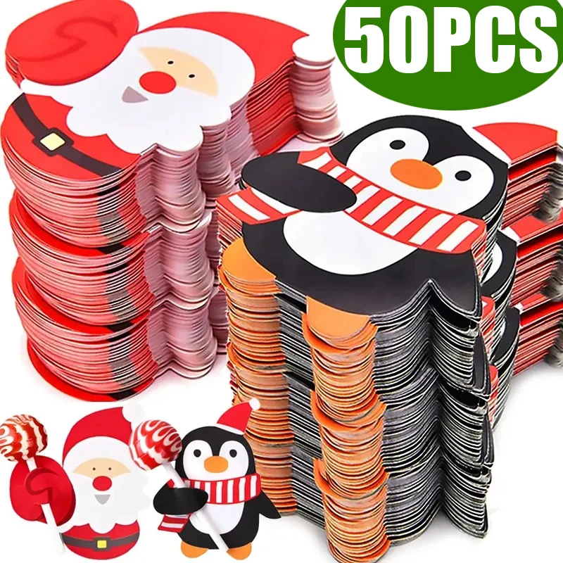 

Christmas Lollipop Paper Cards Cartoon Santa Claus Penguin Snowman Kids Candy Gifts Package Wrapping New Year Party Decoration