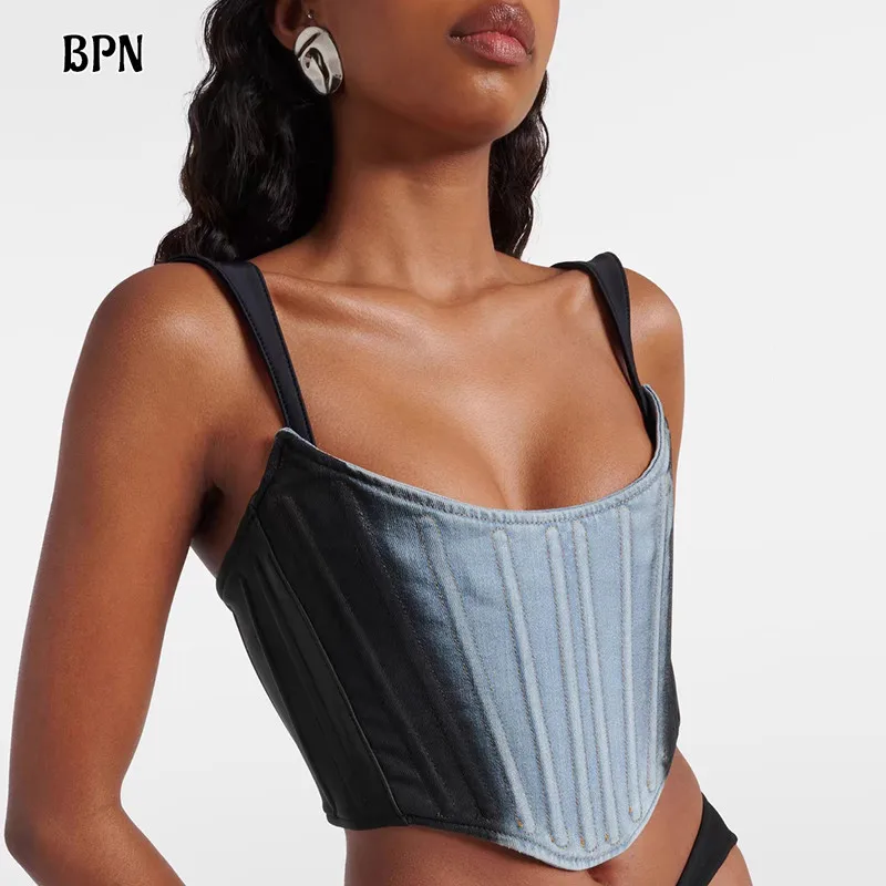 

BPN Streetwear Hit Color Denim Vests For Women Square Collar Sleeveless Sleeveless Slimming Sexy Short Tank Tops Female Fashion