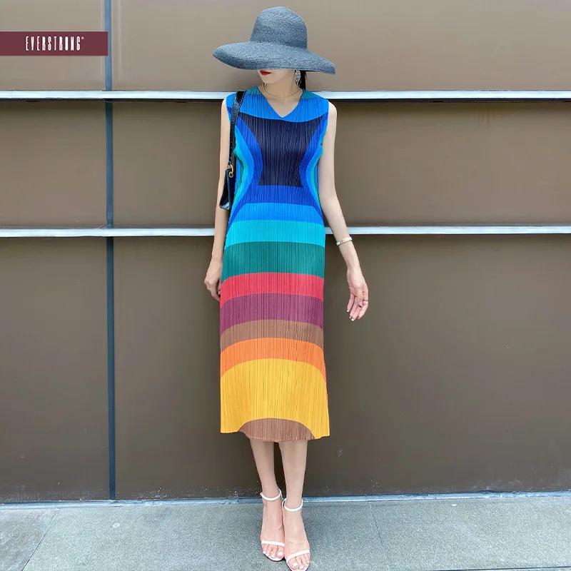 

Miyake Fold 2024 Summer New Fashion Print Long Skirt Slim Sleeveless Color Contrast High-waisted Dress