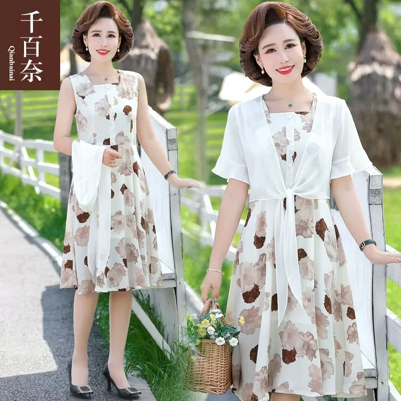 

Mom Summer Chiffon Printed Dress 2022 New middle-aged Elderly Women's Clothing middle-aged Summer Shawl Two-piece Dress FP444