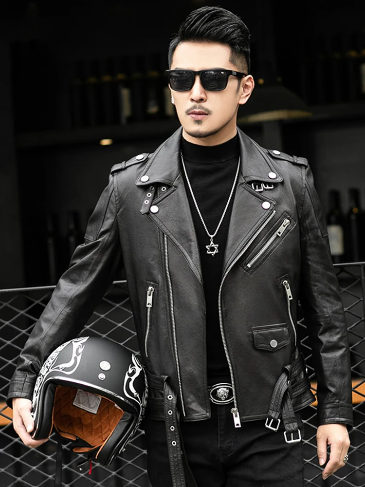 

Короткая крутая черная кожаная байкерская куртка на весну-осень, мужская кожаная куртка на молнии с длинным рукавом и ремнем, Европейская мода, брендовые кожаные куртки