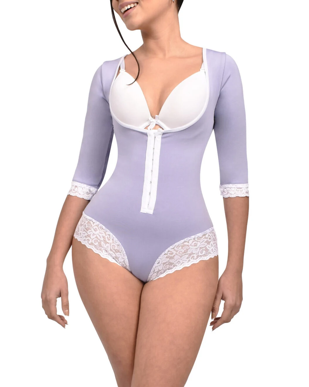 

Long Sleeve Triangle Lace Bodysuit Open Bust Shapewear Faja High Compression Garment Women's A Comfy Shaping Jumpsuit