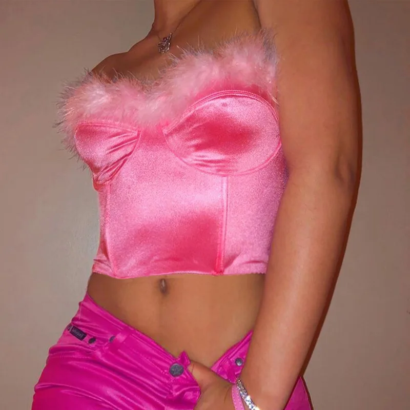 

Sexy Pink Fur Satin Boob Tube Crop Top Neon T-shirt Sleeveless Short T Shirt 2021 New Spring Tshirt Tees Sexy Party Club Tanks