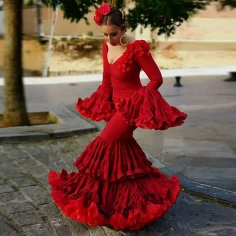 

Pretty Flamenco Dresses Ruffles abiye gece elbisesi Red Floral Elegant Prom Gowns with Sleeves Layered Mermaid Tiered