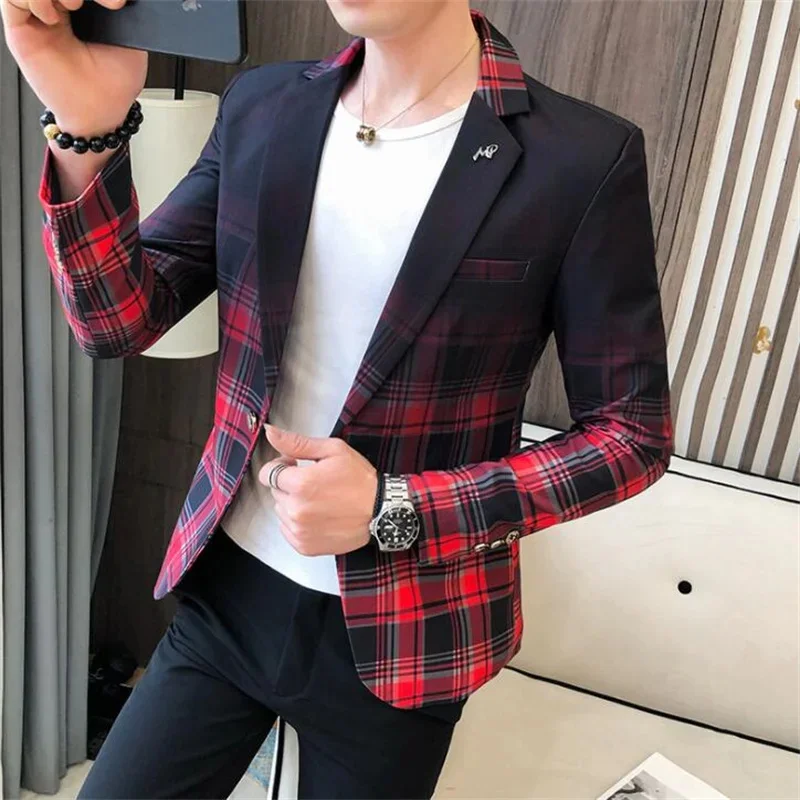 

Новый мужской однокостюмный корейский Модный повседневный городской стиль тонкий градиентный клетчатый пиджак с принтом мы ные мужские пиджаки