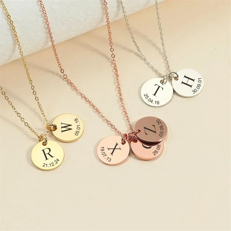 

Custom Personalized Engraved Initials Coin Pendant Custom Letter Necklace for Woman Stainless Steel Jewelry Gold Chains Chaokers