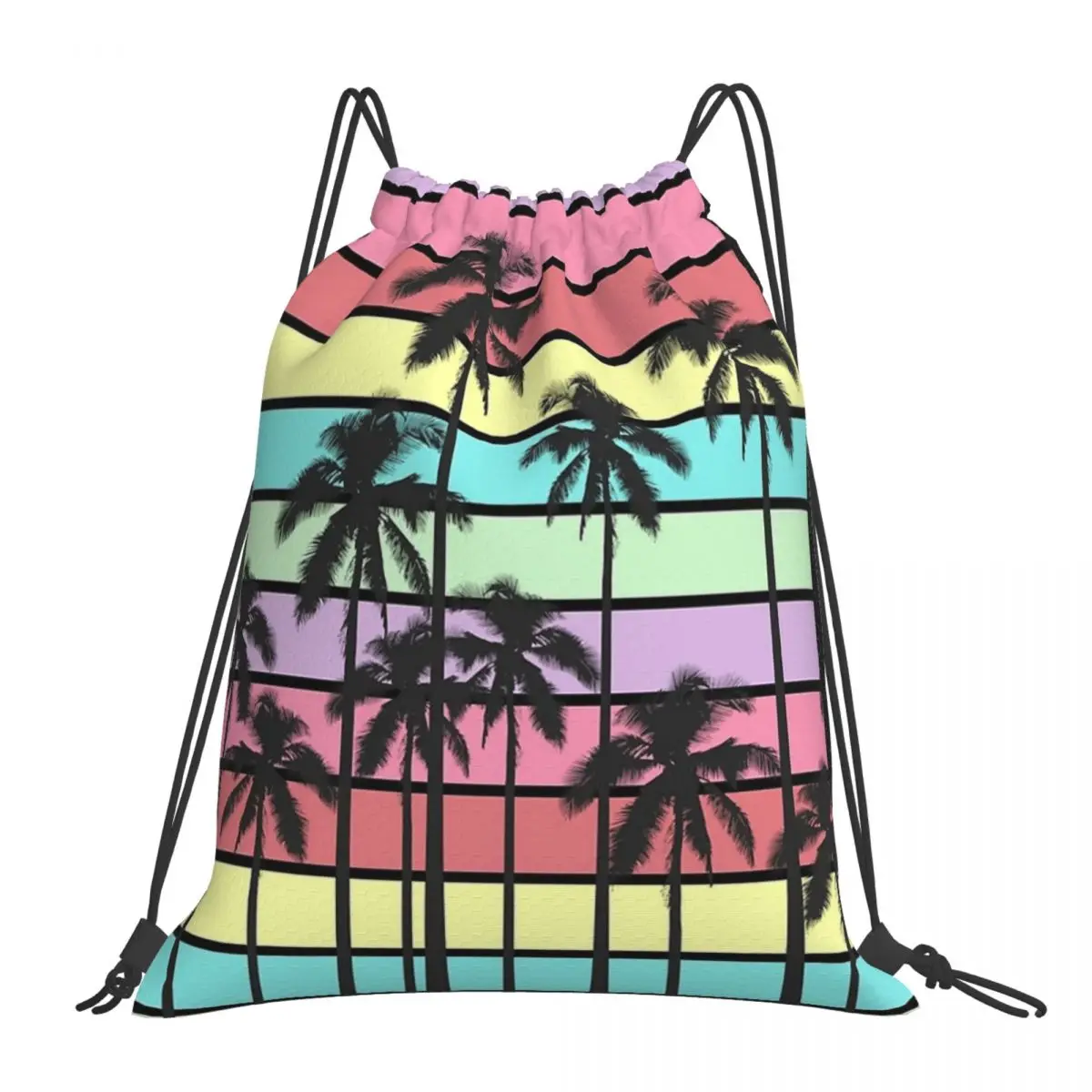 

Colorful Summer Stripes With Tropical Palm Trees Backpacks Casual Portable Drawstring BagsSports Bag BookBag For Travel Students