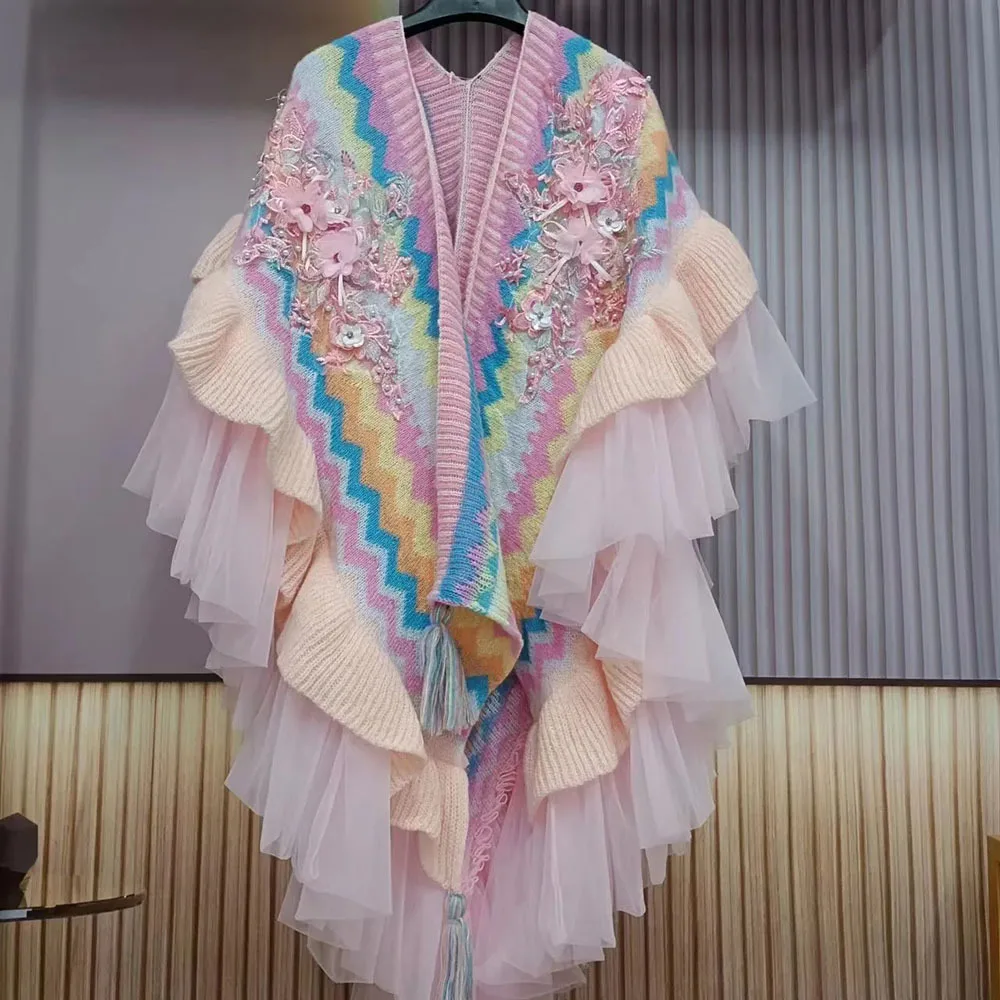 

Sakura Pink Cape Coat Ladies Sweet Gauzy Sleeves Fashion Luxury Bead Embroidery Wrap Scarf Shawl Cloak Rainbow Sweater Ponchos