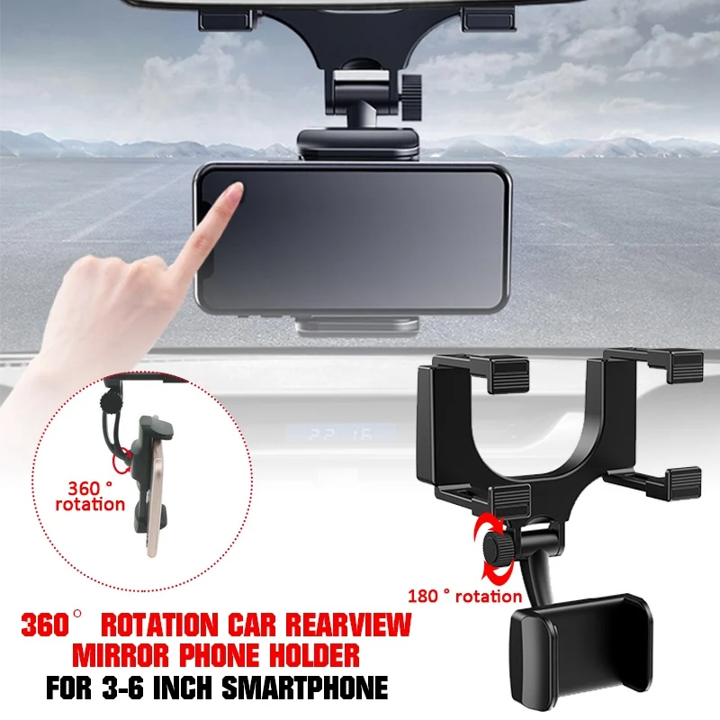 

ABS Plastic 360 Degrees Rotation Car Rearview Mirror Phone Holder For 3-6 Inch Smartphone Car Bracket Black Universal