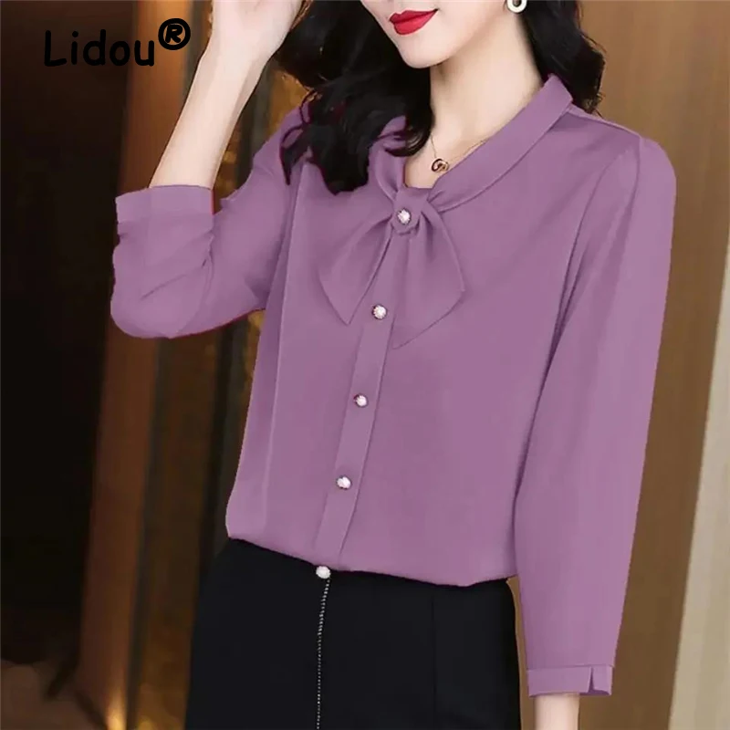 

Women Clothing Elegant Bow Button Shirts Spring Autumn Office Lady Commuter Blouses Solid Long Sleeve Tops Blusa Mujer Moda 2023
