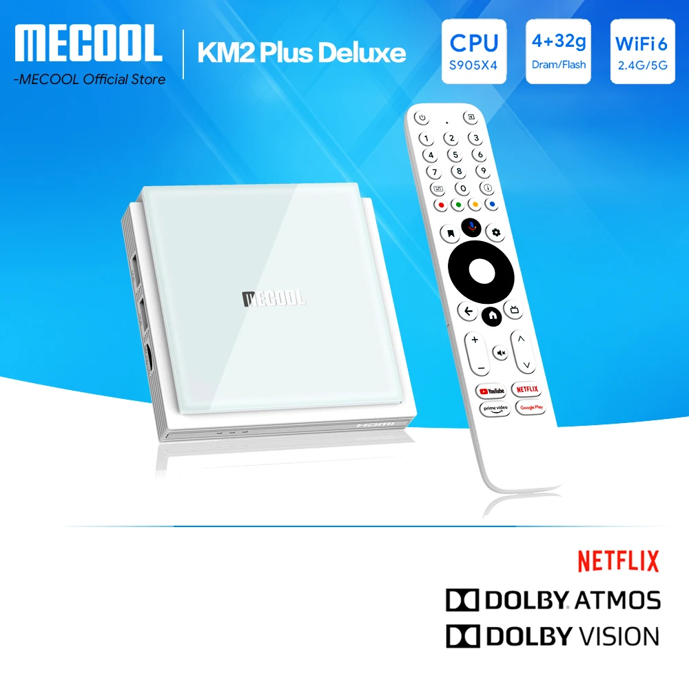 

MECOOL KM2 Plus Deluxe Android TV Box With Netflix 4K Certified Dolby Atmos/Dolby Vision 4+32G WiFi6 1000M LAN Port Media Player