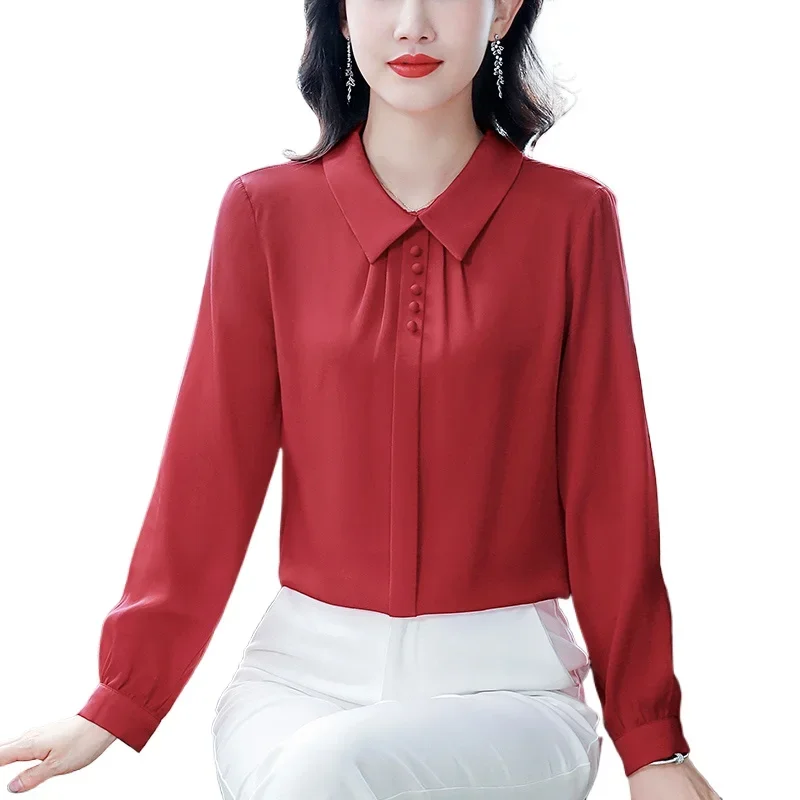 

Satin Long Sleeve Women's Blouse 2024 Summer New Silk Solid Color Shirt South Korea Fashion High-end Elegant Top