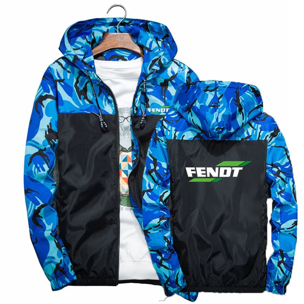 

2024 Mens New Fashion FENDT Logo Print Camouflage Stitching Windbreaker Coat Spring And Autumn Sport Zipper Casual Hooded Jacket