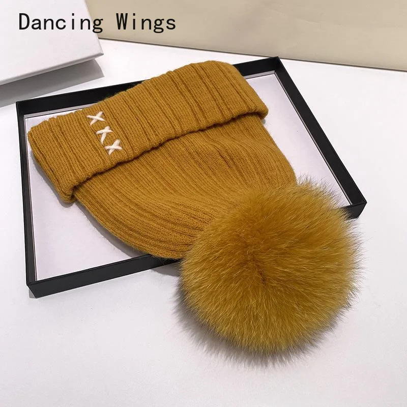 

Real Fox Fur pom poms ball Skullies Beanies Keep Warm Winter Hat for Women Child Girl 's Wool Hat Knitted cap thick female cap
