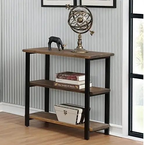 

31" Tall 2-Tier Solid Wood and Metal Under-Window Bookcase, Rustic Reclaimed Wood Design, Industrial, Stylish, Durable Lacqu
