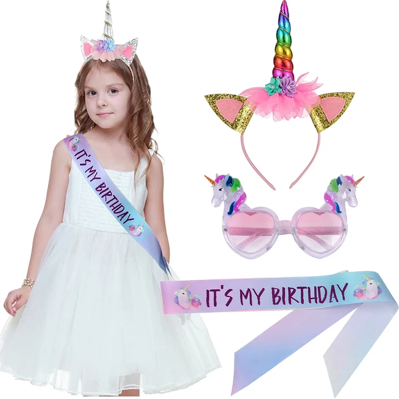 

Girls Birthday Party Favors Cute Unicorn Headbands Glasses Satin Ribbon Set Unicorn Theme Party Photo Props Kids Birthday Gift