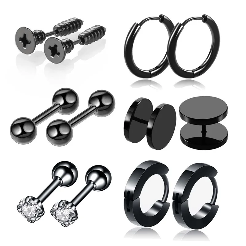 

6 Pairs Earrings Set Stainless Steel Stud Hoop Earrings for Men Women Gothic CZ Ball Round Street Pop Hip Hop Ear Jewelry