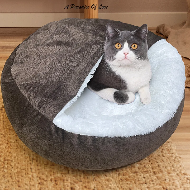 

Плюшевая круглая кровать для кошек, спальный мешок для собак и кошек, плюшевое гнездо для домашних животных, очень мягкая Закрытая кровать для котят, щенков, спальный мешок, домик для кошек
