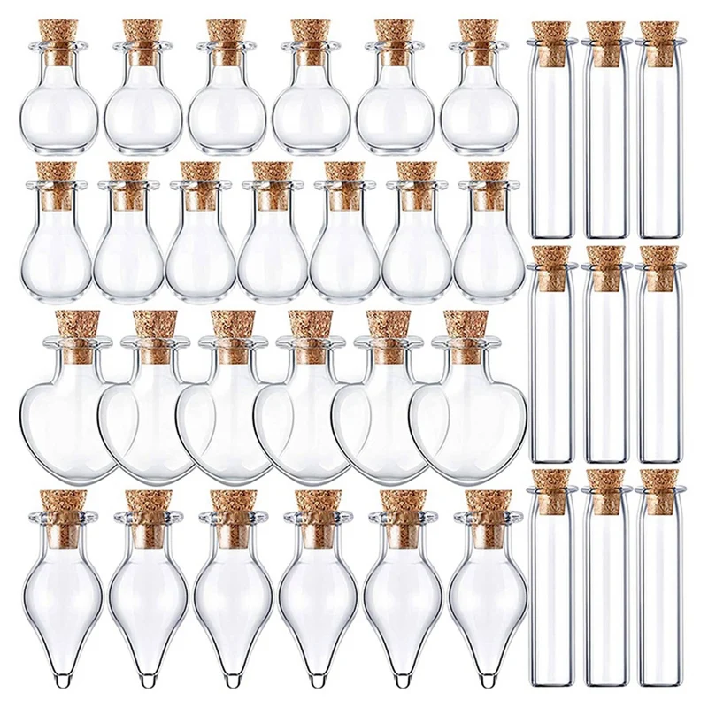 

50 Pieces Small Mini Glass Jars Bottles With Cork Stoppers 5 Shapes Tiny Wishing Drifting Bottle Crafts DIY Projects