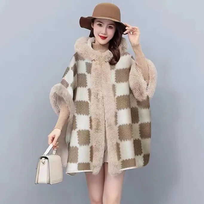 

#1231 Black Khaki Plaid Ponchos And Capes Women Loose Kimono Cardigan Coat Female Thick Warm False Fur Cloak Asymmetrical Poncho