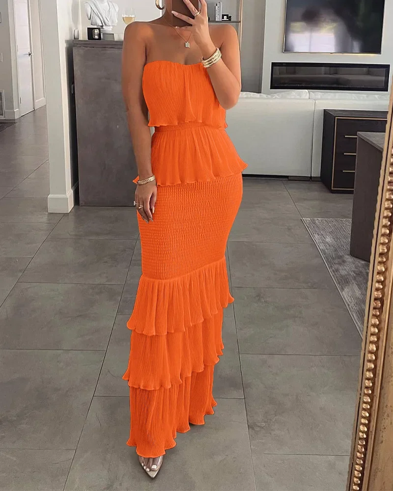 

WUHE Pleated Strapless Sleeveless Cascading Ruffles Cake Style Maxi Long Dress 2024 Summer Women Sexy Party Evening Dresses