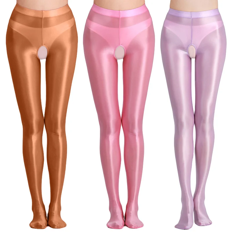 

Glossy Japanese Sexy Open Crotch Pants Oil Shiny Opaque Crotchless Pantyhose Wet Look Tights Silky Stockings High Waist Leggings