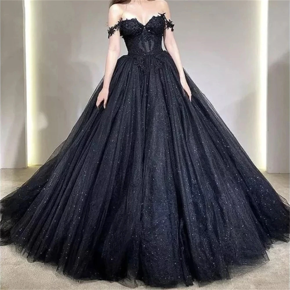 

Sexy Black Tulle Sweetheart Off The Shoulder A-Line Lace Applique Backless Prom Dresses Vestidos De Gala Evening Gowns For Women