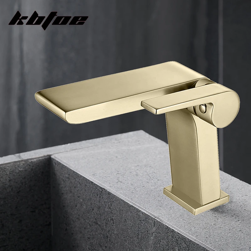 

Luxury Modern Brushed Gold Wash Basin Faucet Bathroom Deck Mounted Waterfall Hot and Cold Water Mixer Sink Tap Brass Cast Crane