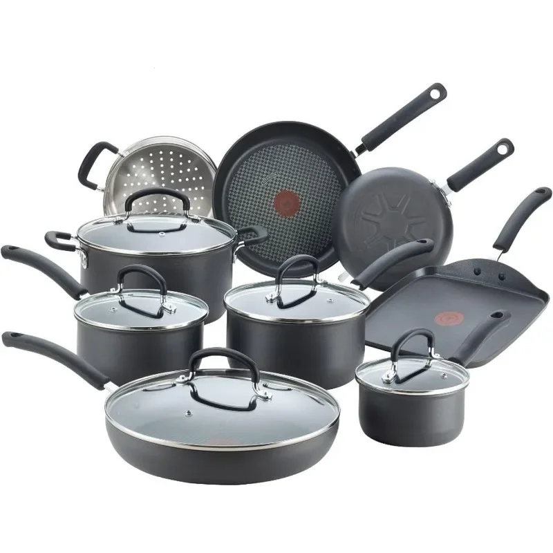 

T-fal Ultimate Hard Anodized Nonstick Cookware Set 14 Piece Oven Safe 400F Lid Safe 350F Pots and Pans Dishwasher Safe Black