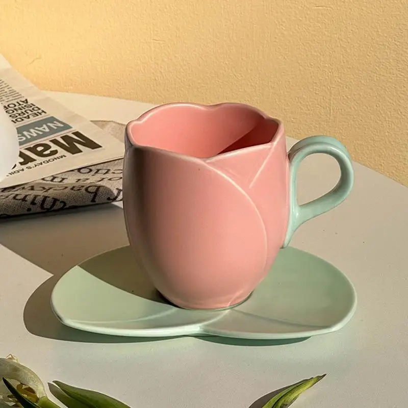 

Креативный Набор чашек-тюльпанов, 300 мл, керамическая кофейная кружка, цветочные кофейные кружки с подставкой, кружка с ручкой и блюдом для молока и кофе